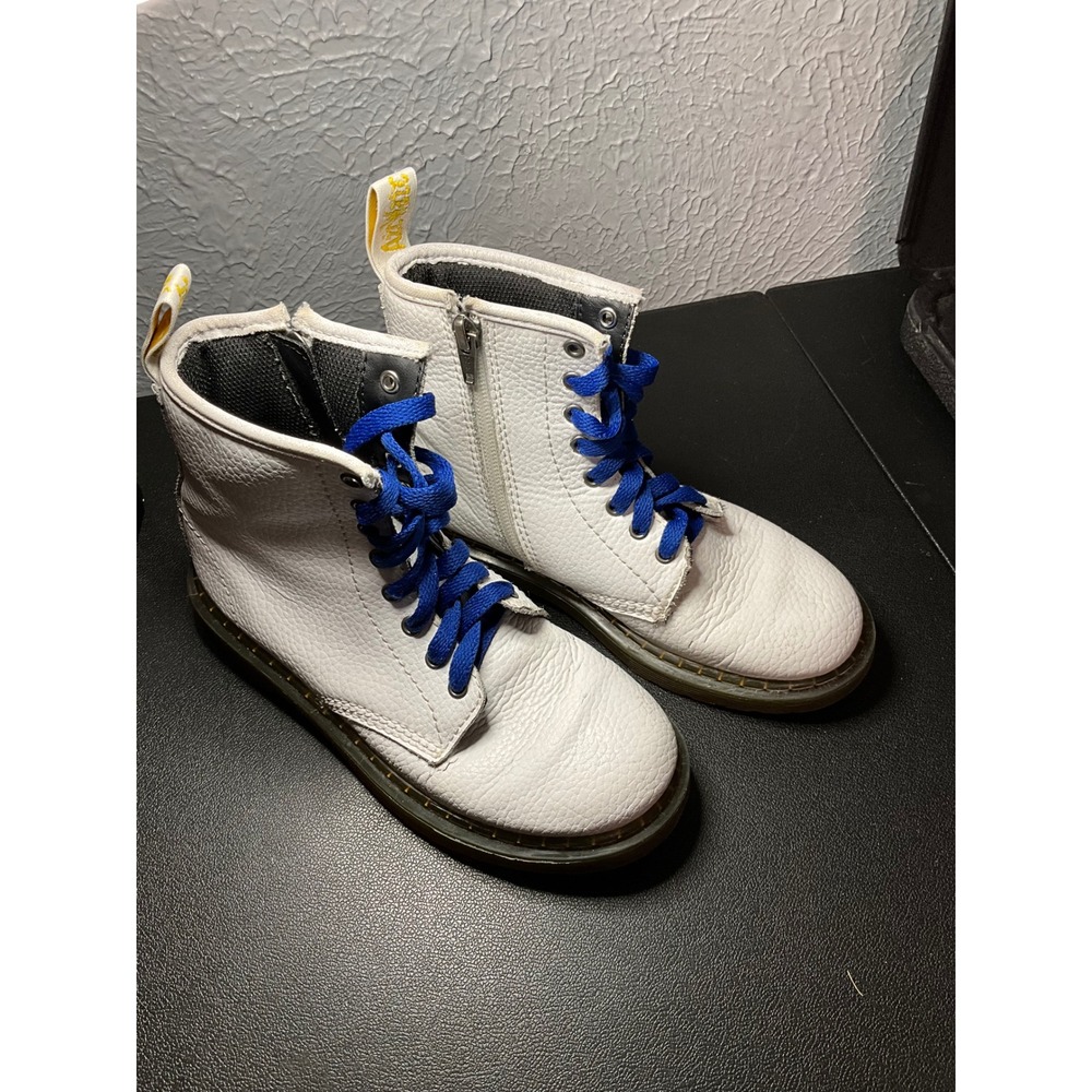 Dr. Martens Delaney White Leather Combat‎ Boots Side Zip Blue Laces US 2 UK 1
